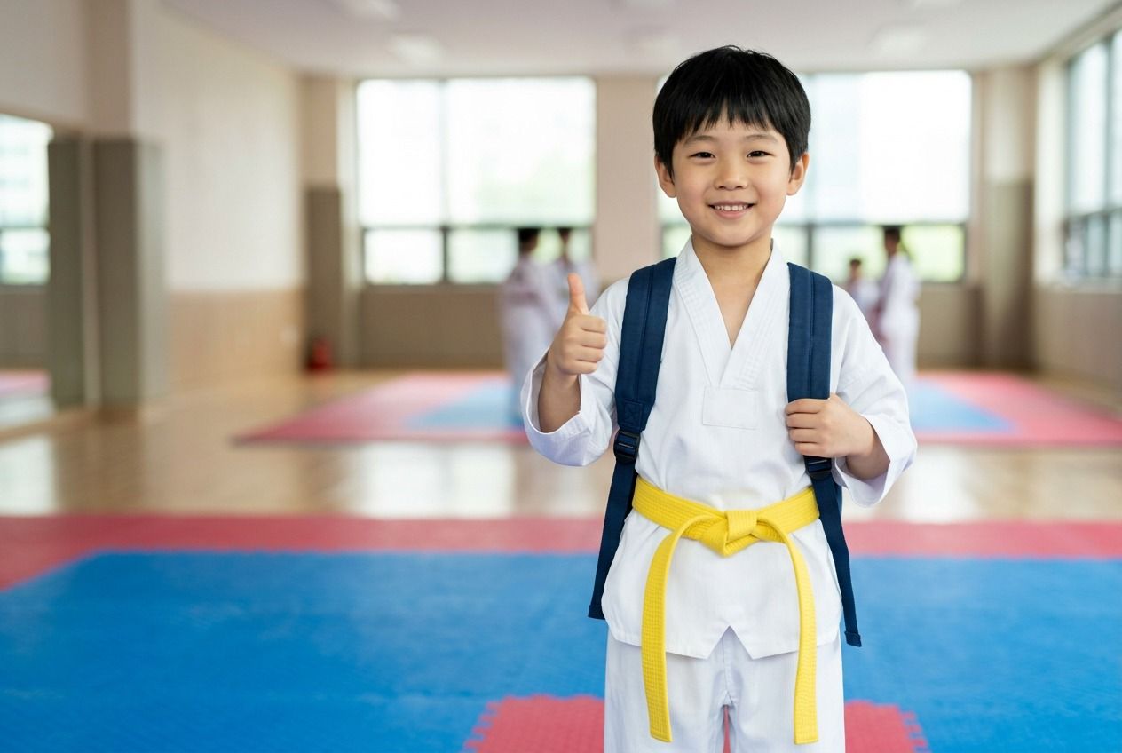 A smiling boy in a white Taekwondo uniform and yellow belt, wearing a school backpack and giving a thumbs up